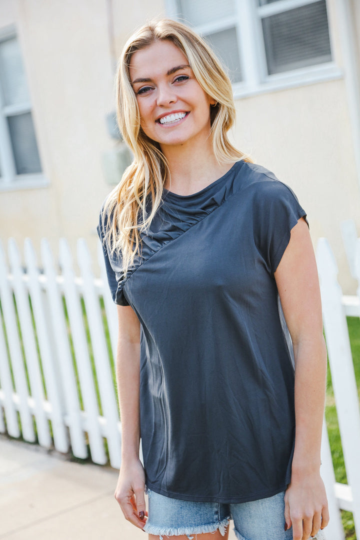 Charming In Charcoal Asymmetrical Shirred Modal Top