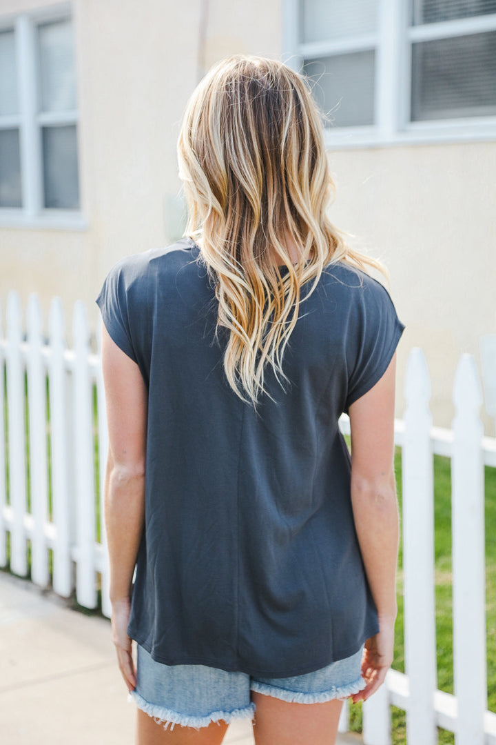 Charming In Charcoal Asymmetrical Shirred Modal Top