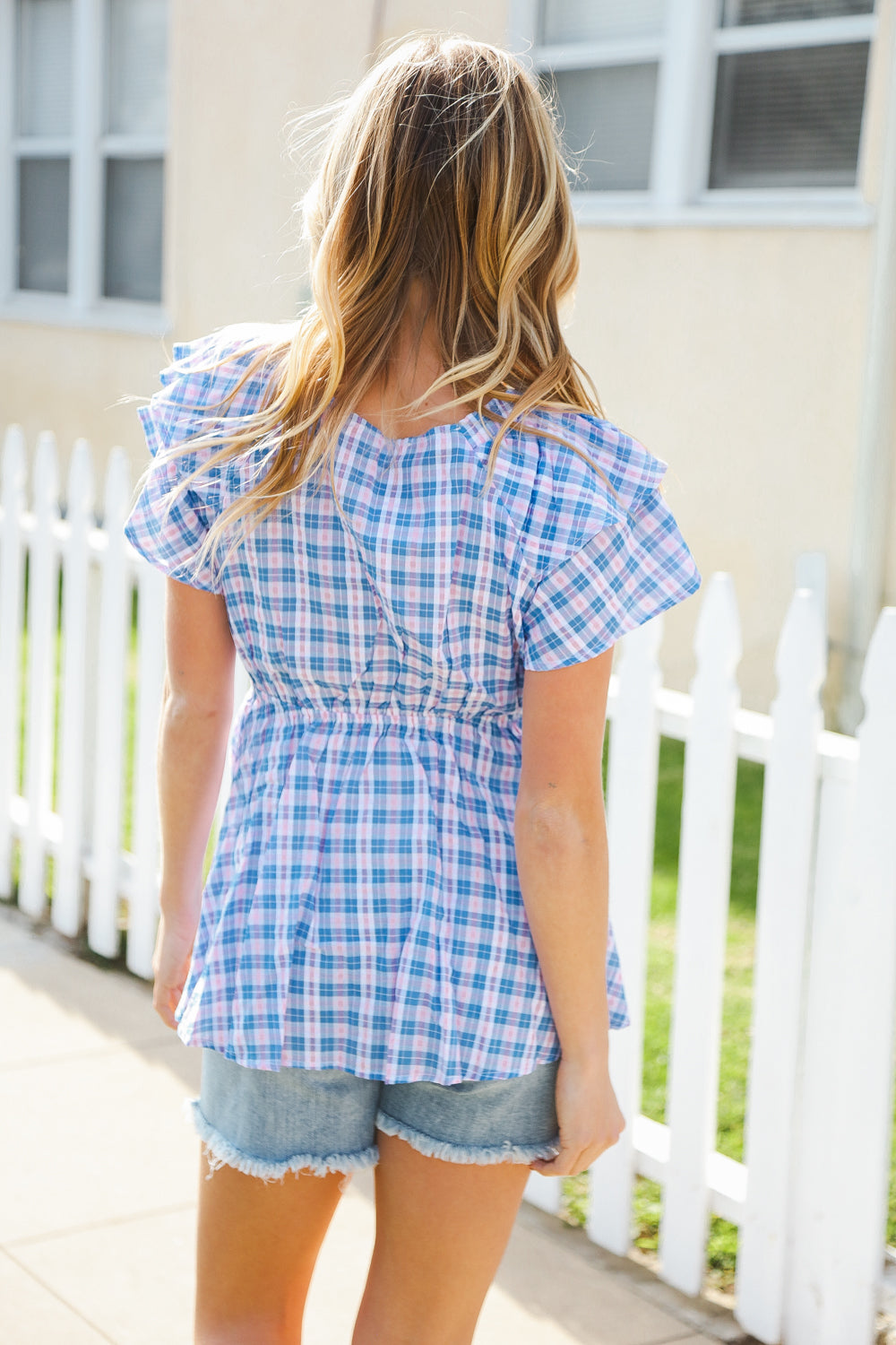 Hello Beautiful Blue Plaid V Neck Ruffle Elastic Babydoll Top