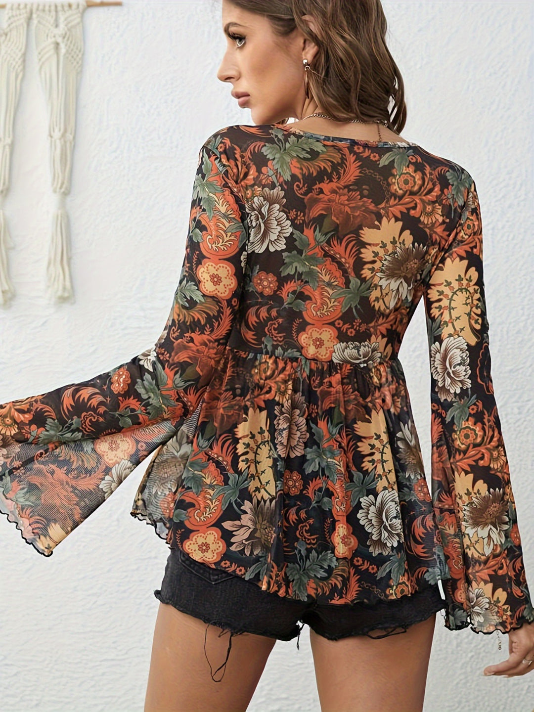 Printed V-Neck Flare Sleeve Top