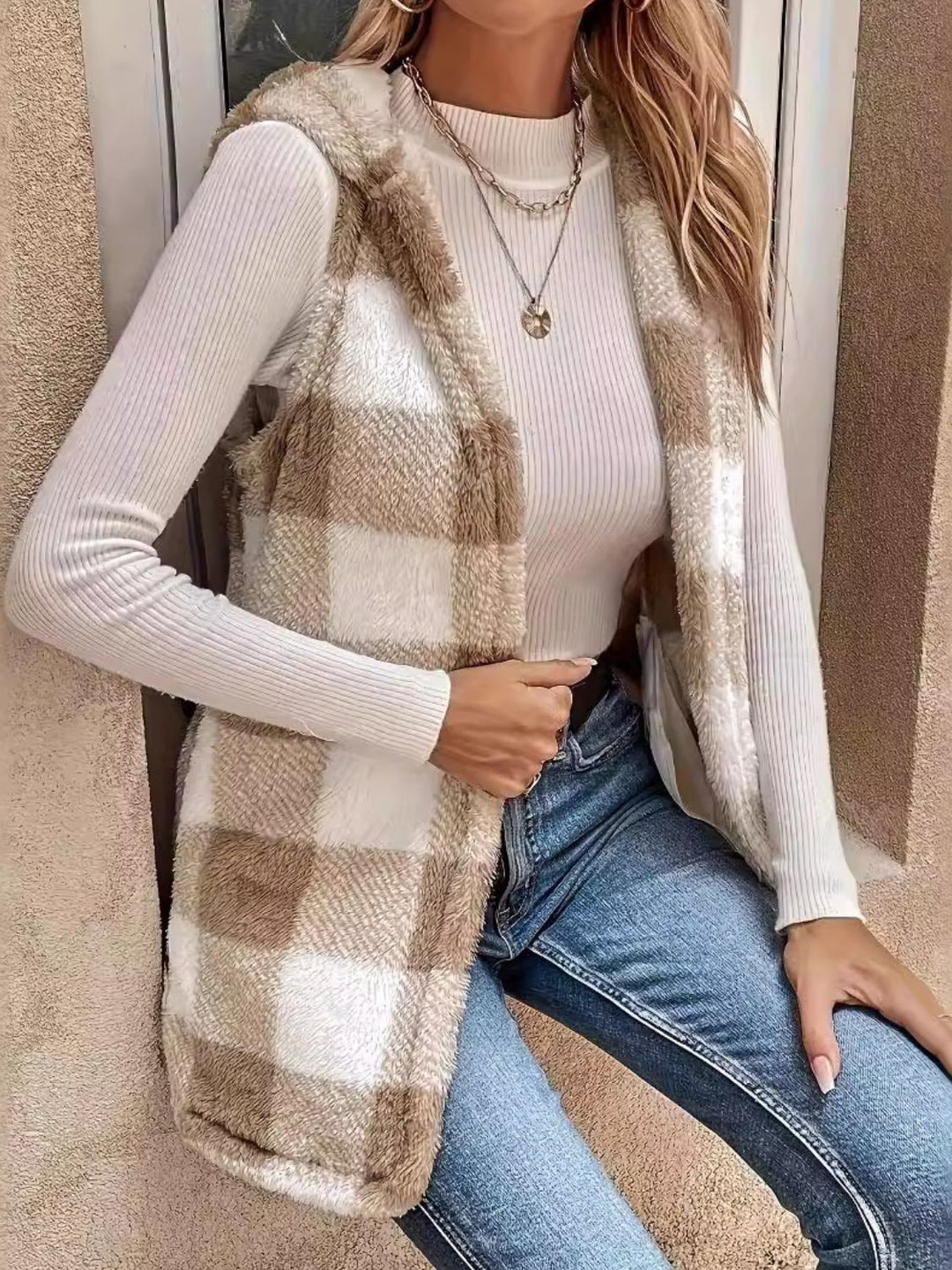 Fuzzy Plaid Hooded Vest Coat