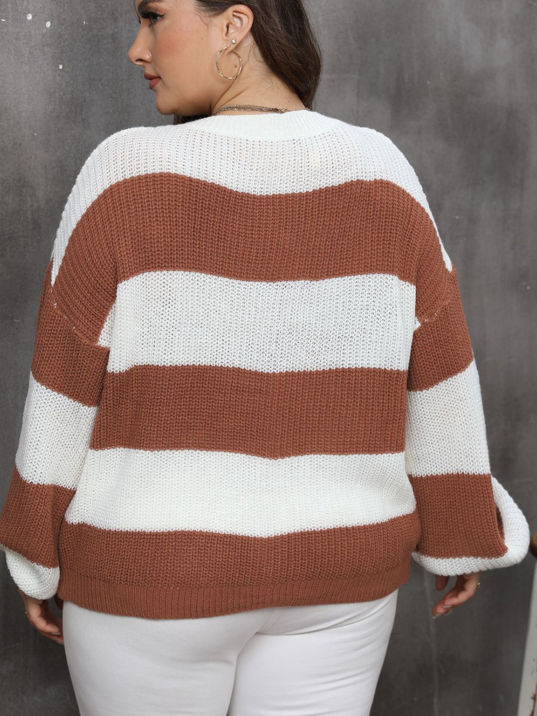 Plus Size Striped Round Neck Long Sleeve Sweater