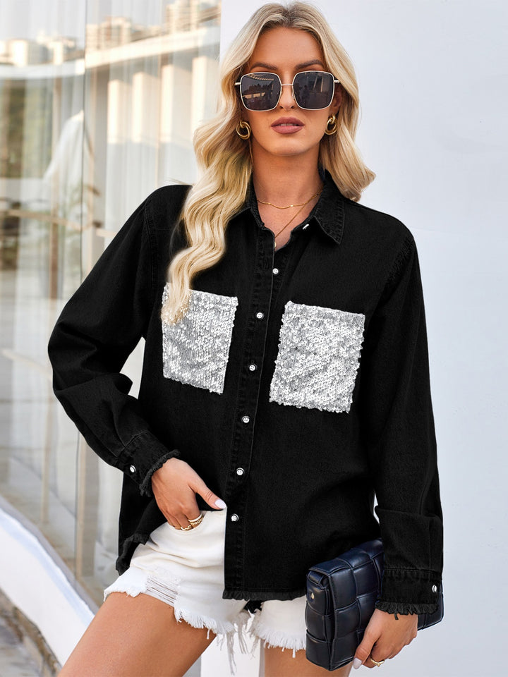 Raw Hem Button Up Long Sleeve Denim Jacket with Sequin Pockets