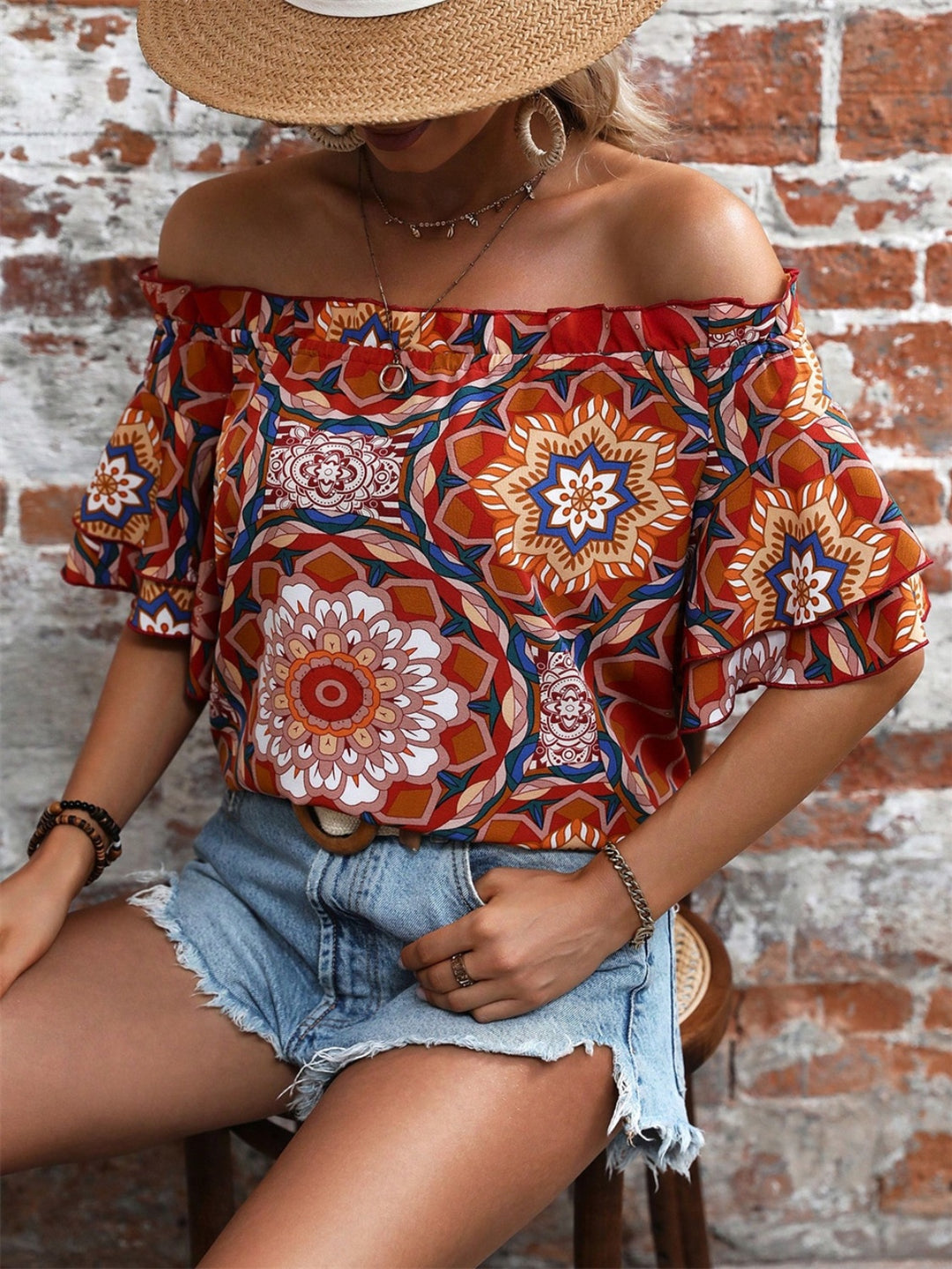 Printed Off-Shoulder Half Sleeve Blouse