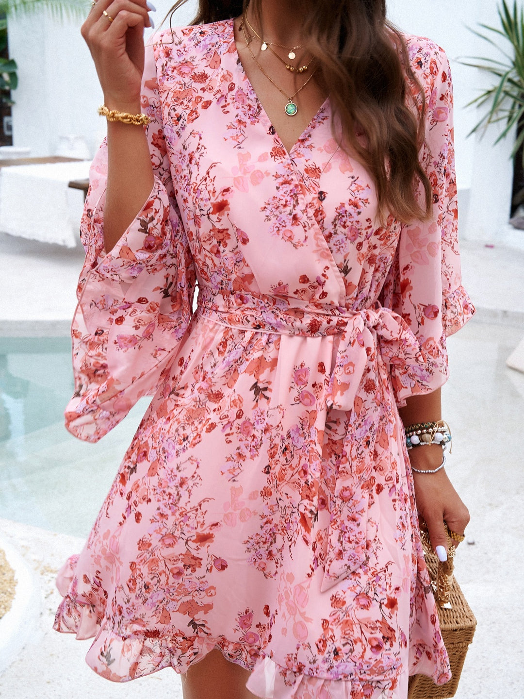 Ruffled Printed Surplice Half Sleeve Mini Dress