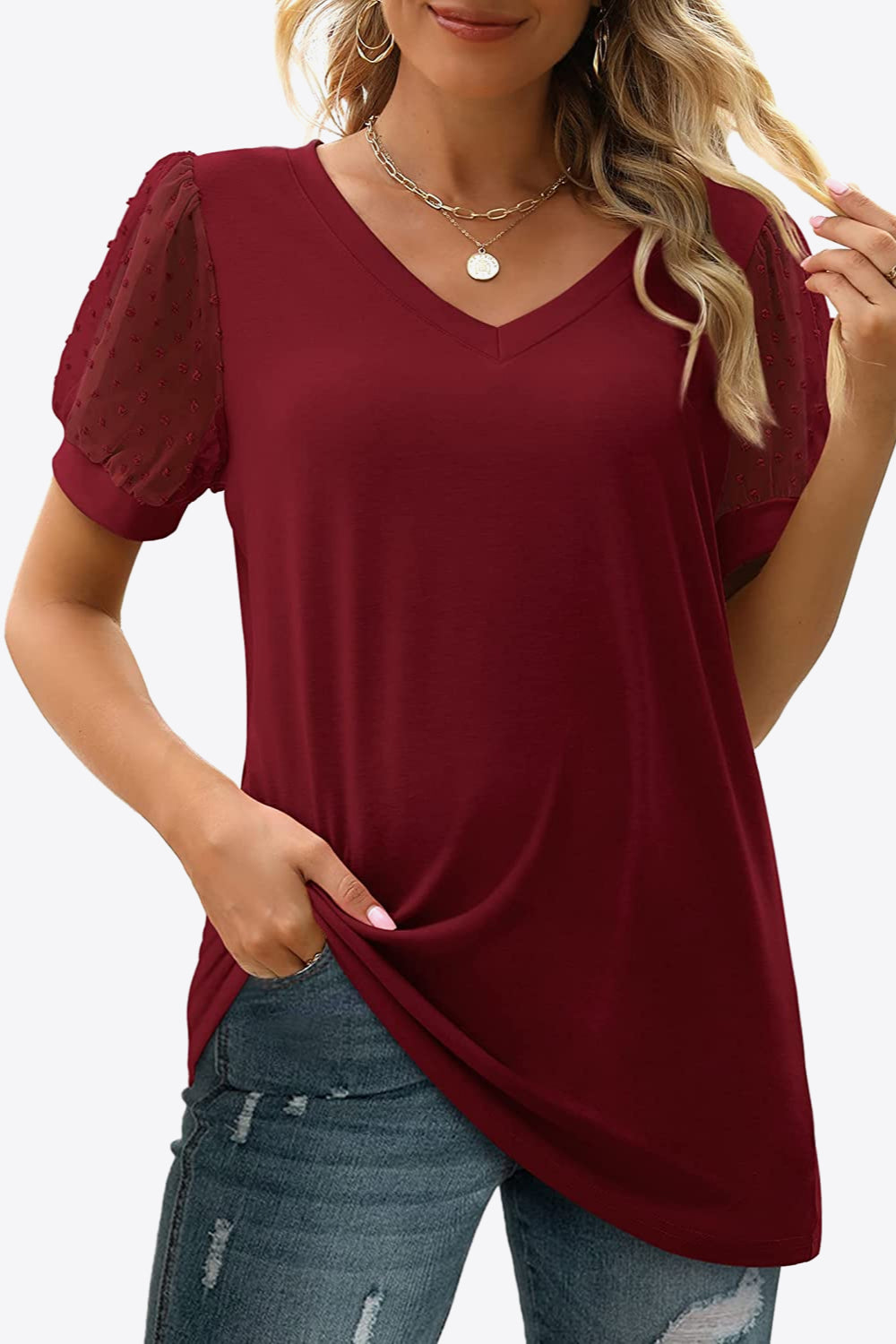 Swiss Dot Puff Sleeve V-Neck Tee