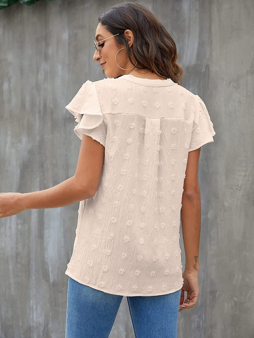 Swiss Dot Notched Flutter Sleeve Blouse