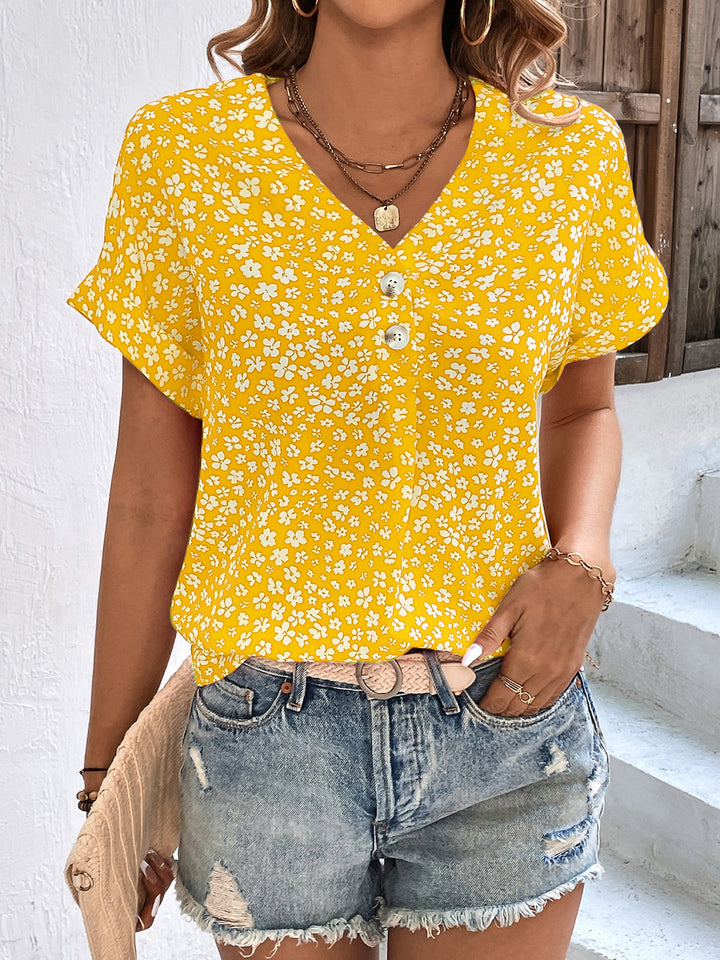 Printed V-Neck Short Sleeve Blouse