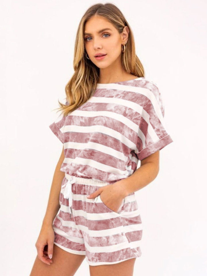 Striped Round Neck Top and Shorts Set