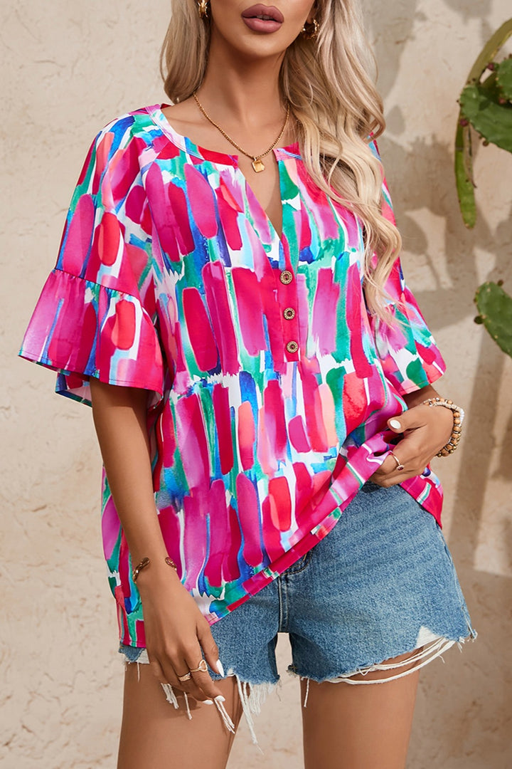 Printed Notched Half Sleeve Blouse