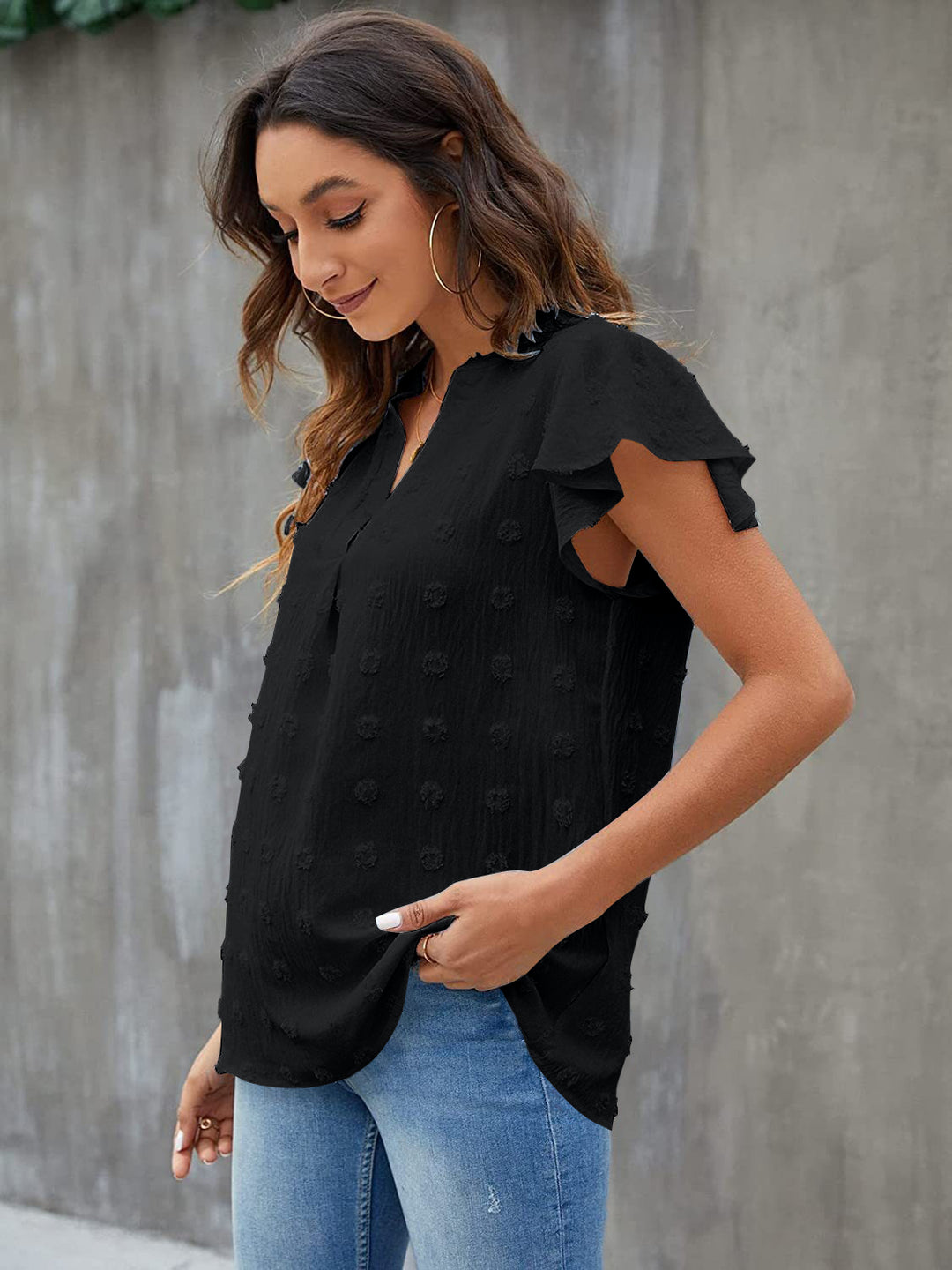 Swiss Dot Notched Flutter Sleeve Blouse