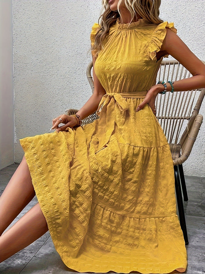 Tied Ruffled Cap Sleeve Midi Dress