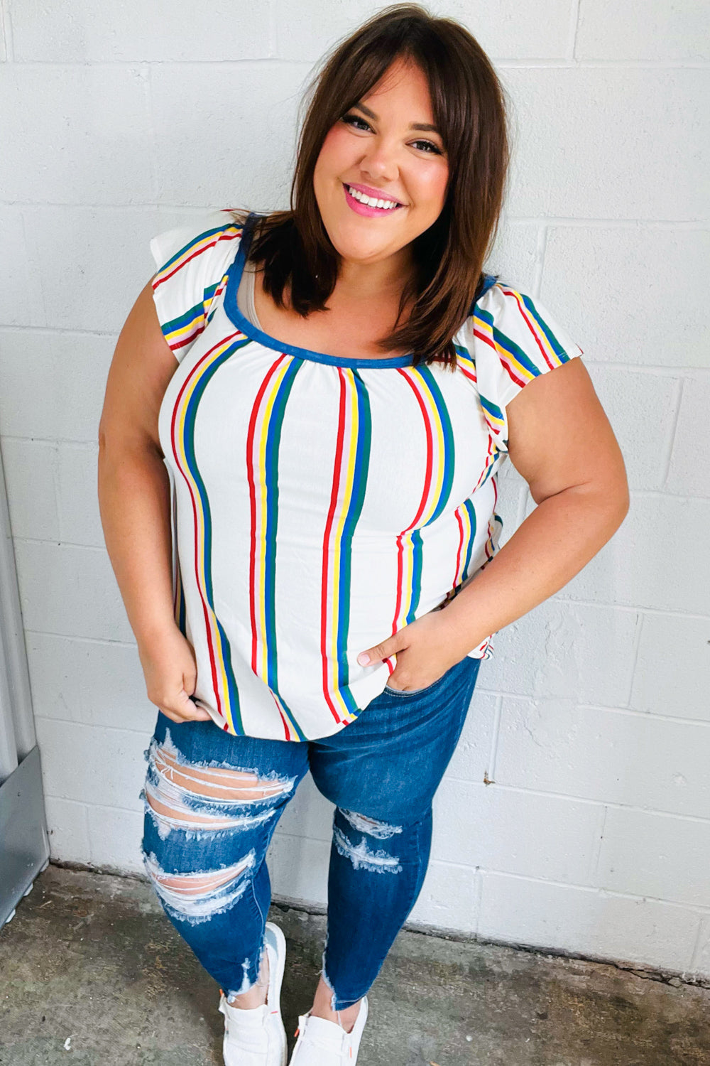 Multicolor Striped Raglan Flutter Sleeve Top