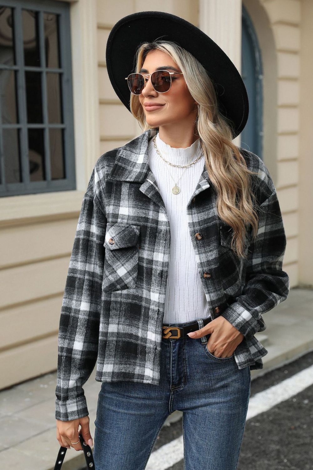 Pocketed Plaid Collared Neck Dropped Shoulder Jacket