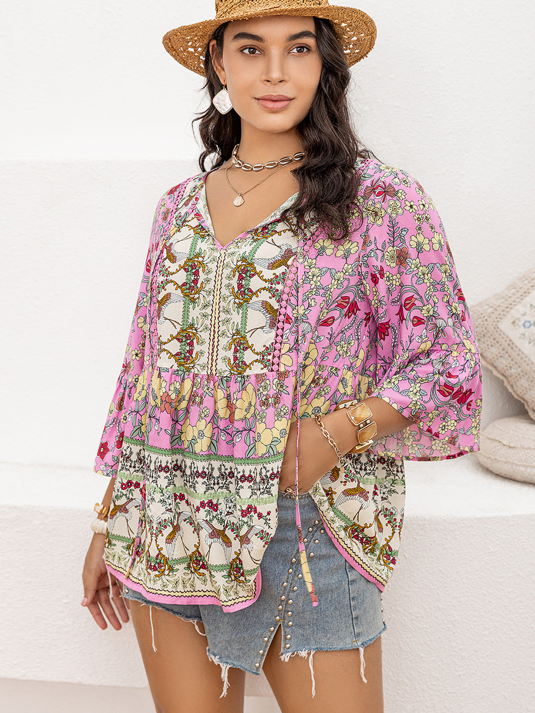 Plus Size Ruched Printed Tie Neck Three-Quarter Sleeve Blouse