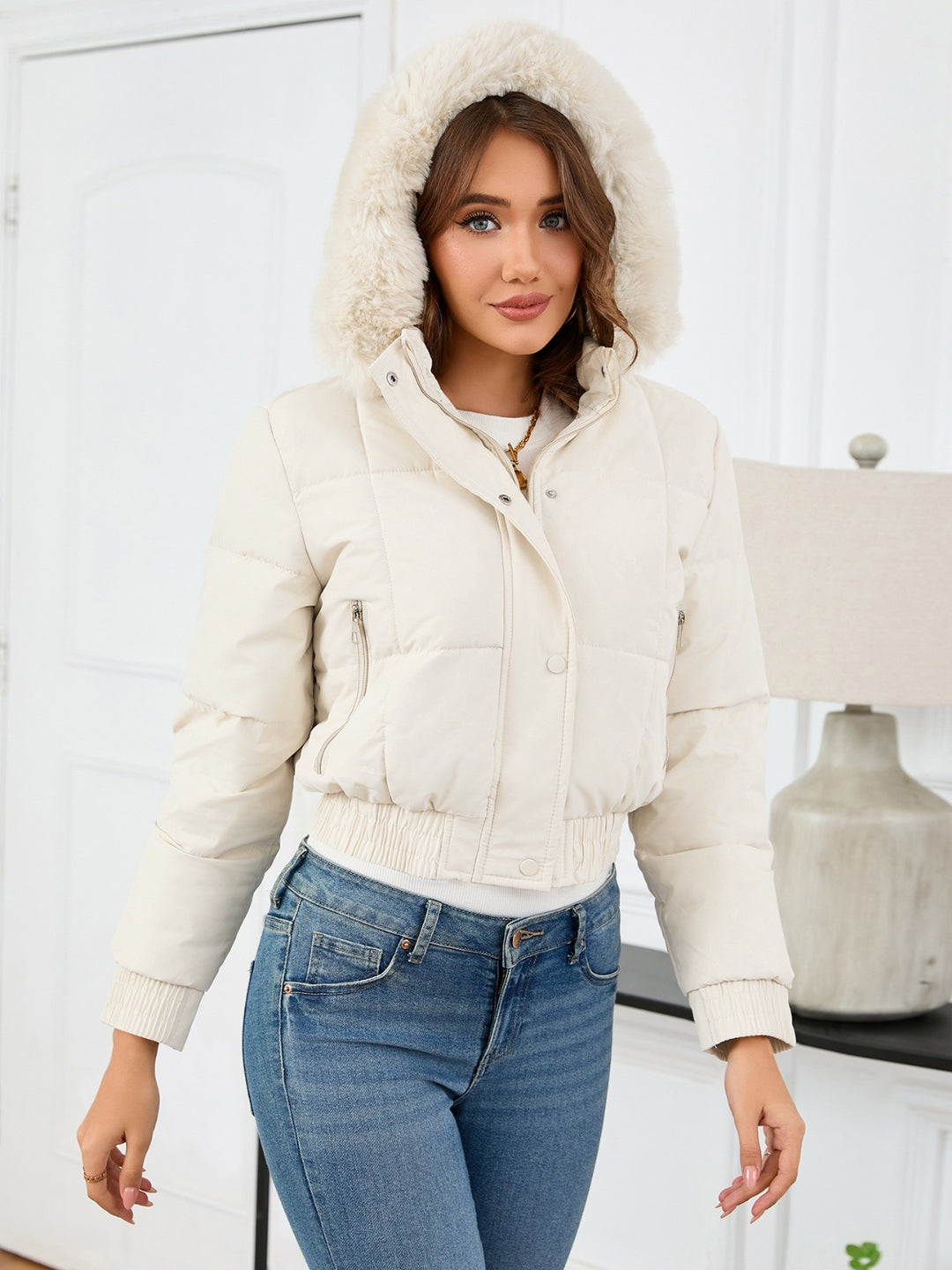 Pocketed Long Sleeve Cropped Hooded Winter Coat