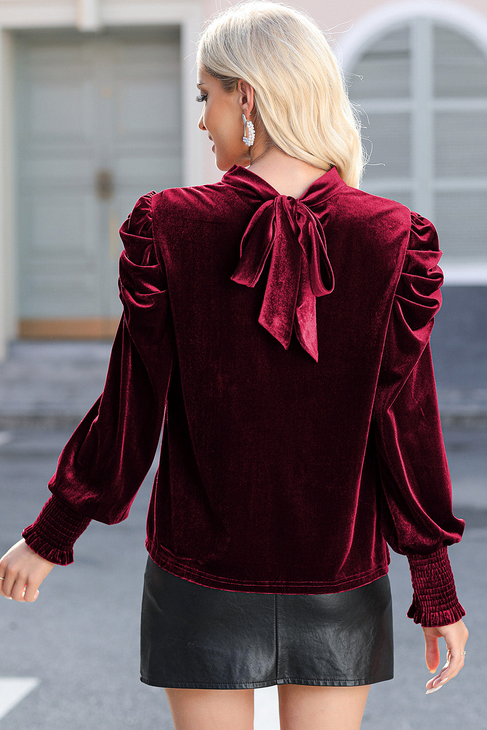 Mock Neck Puff Sleeve Velvet Blouse