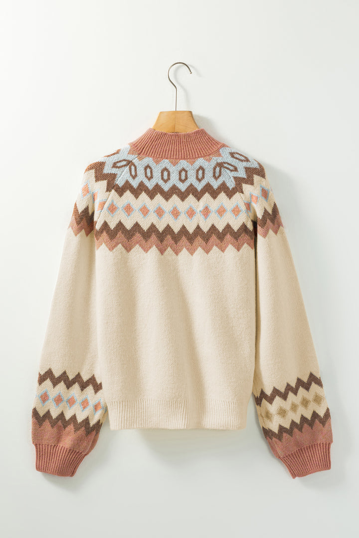 Geometric Mock Neck Long Sleeve Sweater
