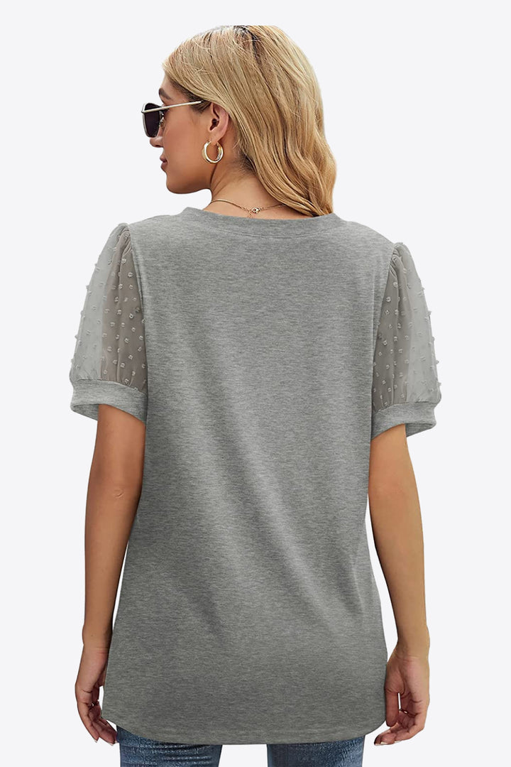 Swiss Dot Puff Sleeve V-Neck Tee