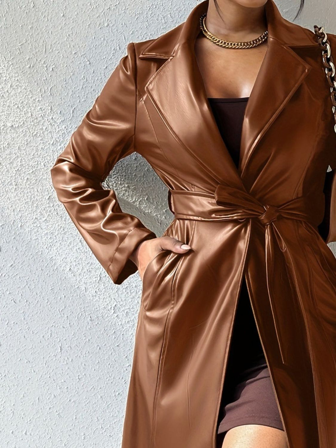 Tied PU Leather Long Sleeve Trench Coat