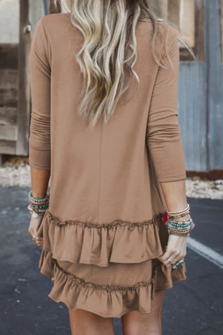 Ruffled Scoop Neck Three-Quarter Sleeve Mini Dress