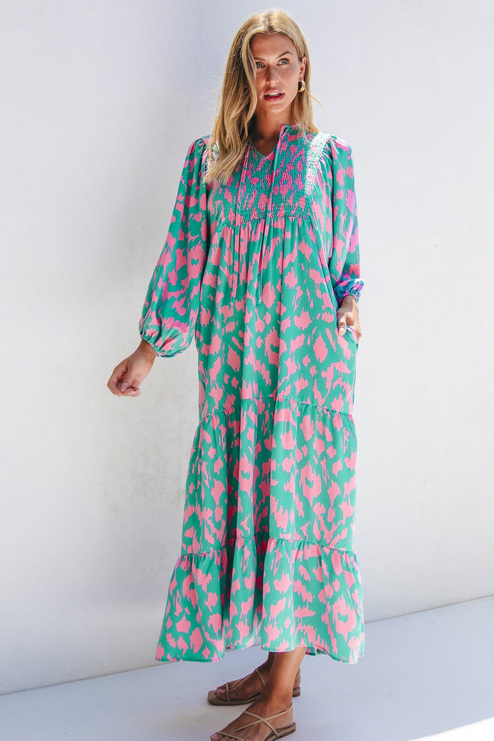 Smocked Printed Tie Neck Long Sleeve Dress