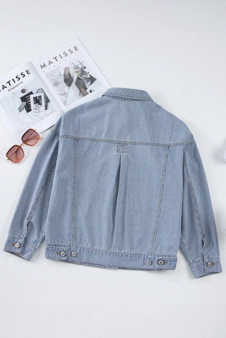 Striped Button Up Long Sleeve Denim Jacket