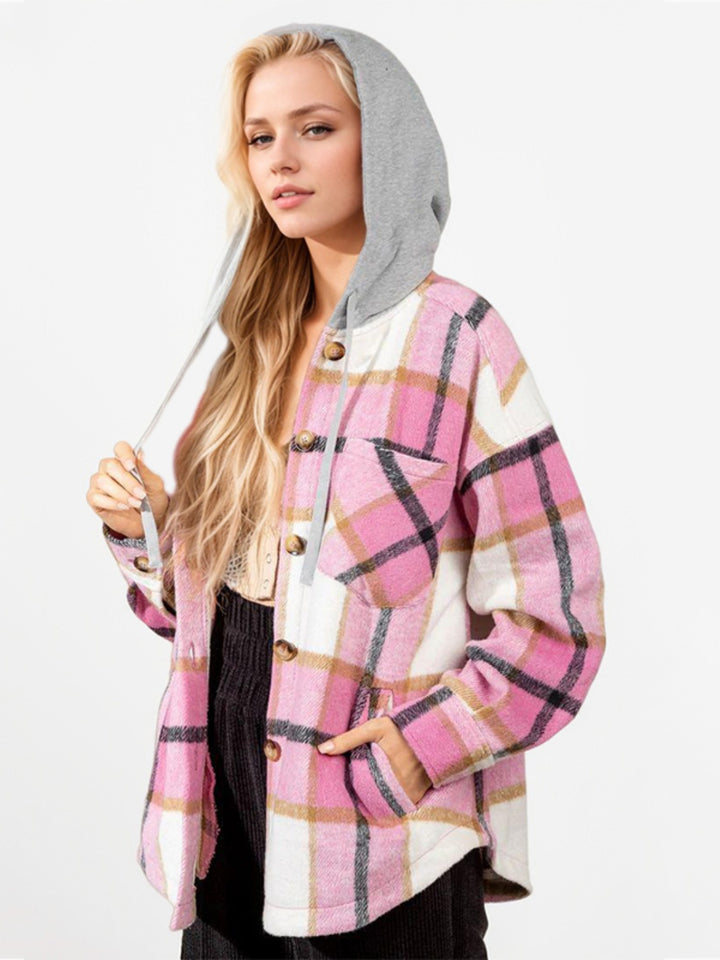 Drawstring Plaid Button Up Long Sleeve Outerwear