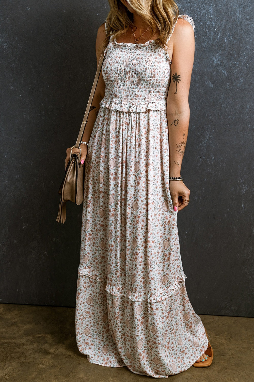 Ruffled Smocked Printed Sleeveless Maxi Dress