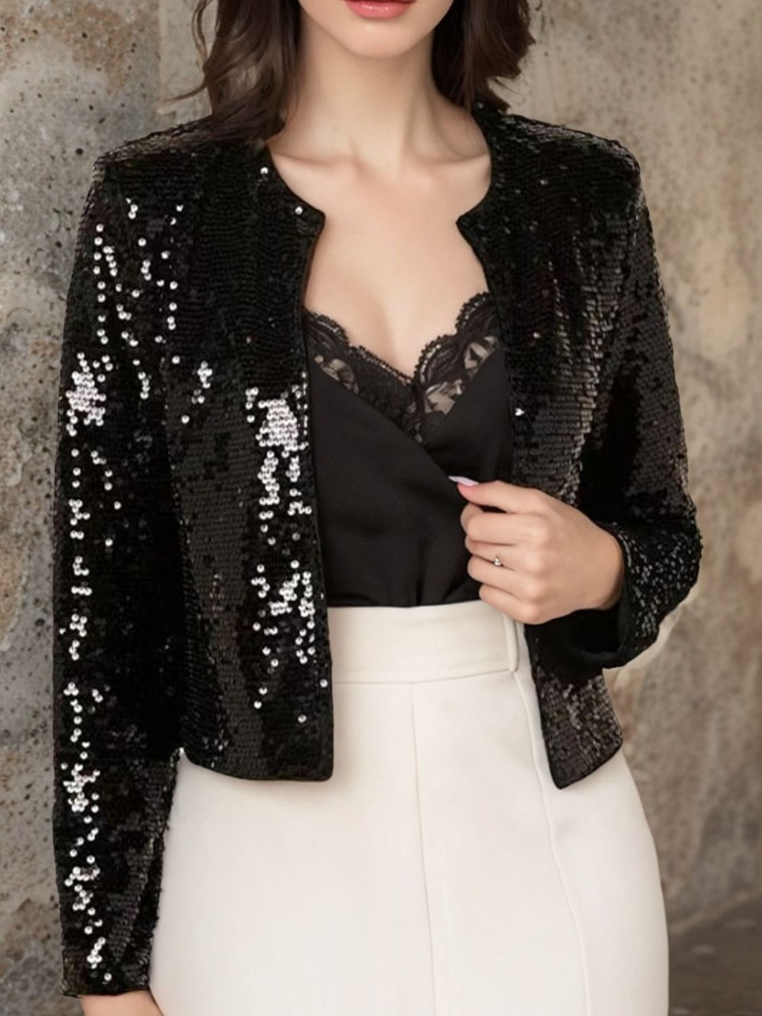 Full Size Sequin Open Front Cropped Jacket