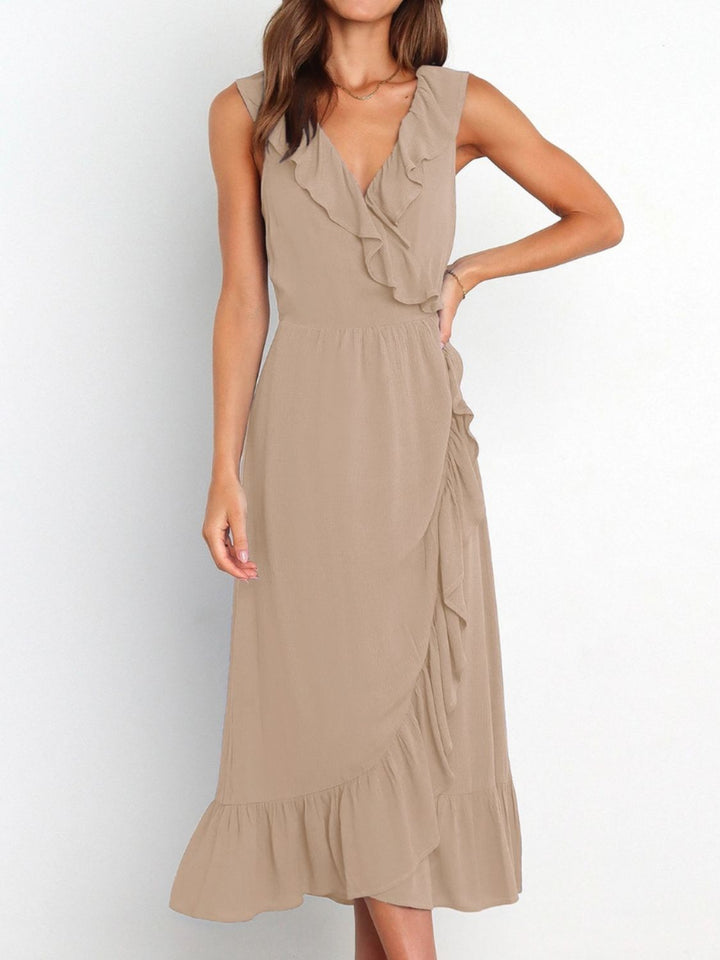 Ruffled Surplice Sleeveless Midi Dress