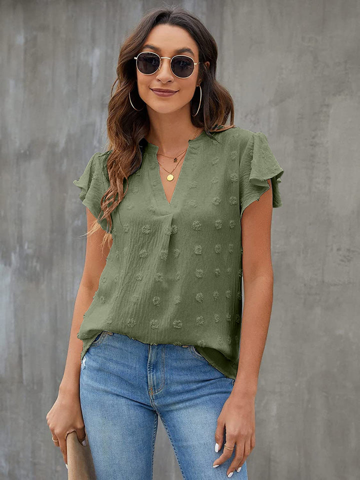 Swiss Dot Notched Flutter Sleeve Blouse