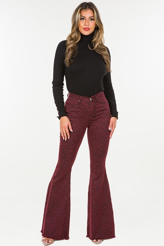 Leopard Bell Bottom Jean in Burgundy- Inseam 32