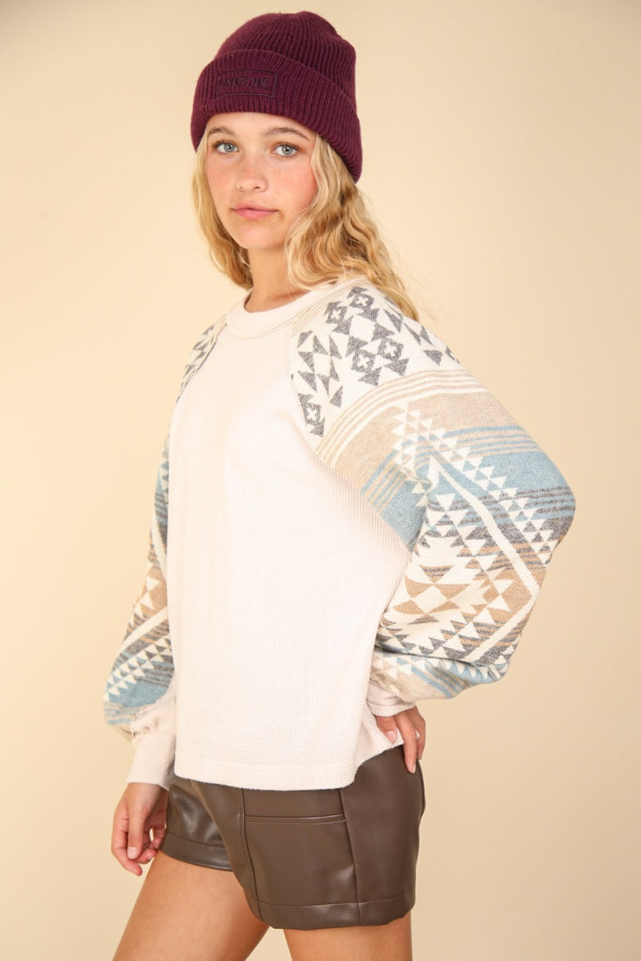 VERY J Printed Long Sleeve Round Neck Knit Top