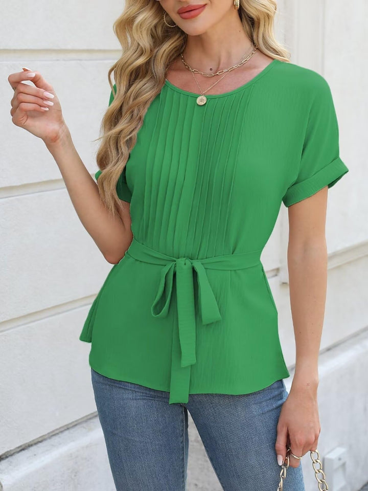 Tie Waist Round Neck Short Sleeve Blouse