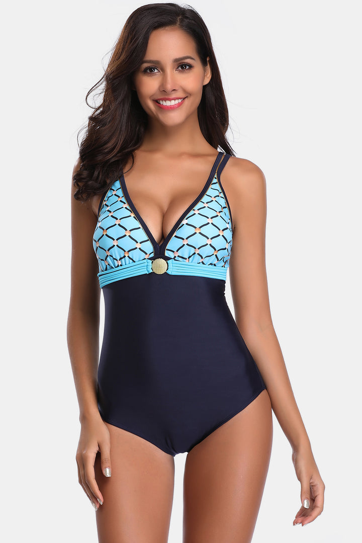 Full Size V-Neck Wide Strap One-Piece Swimwear