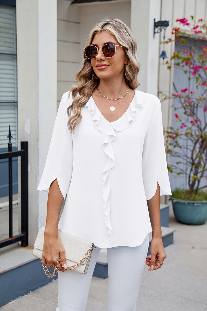 Ruffled V-Neck Three-Quarter Sleeve Blouse