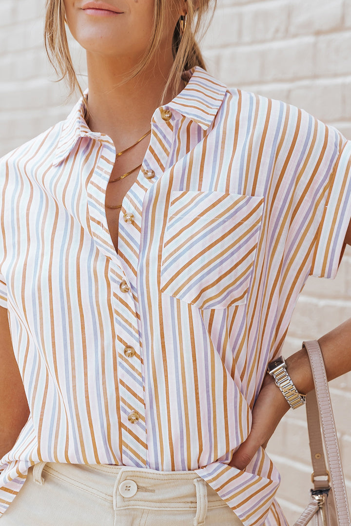 Pocketed Striped Collared Neck Short Sleeve Shirt