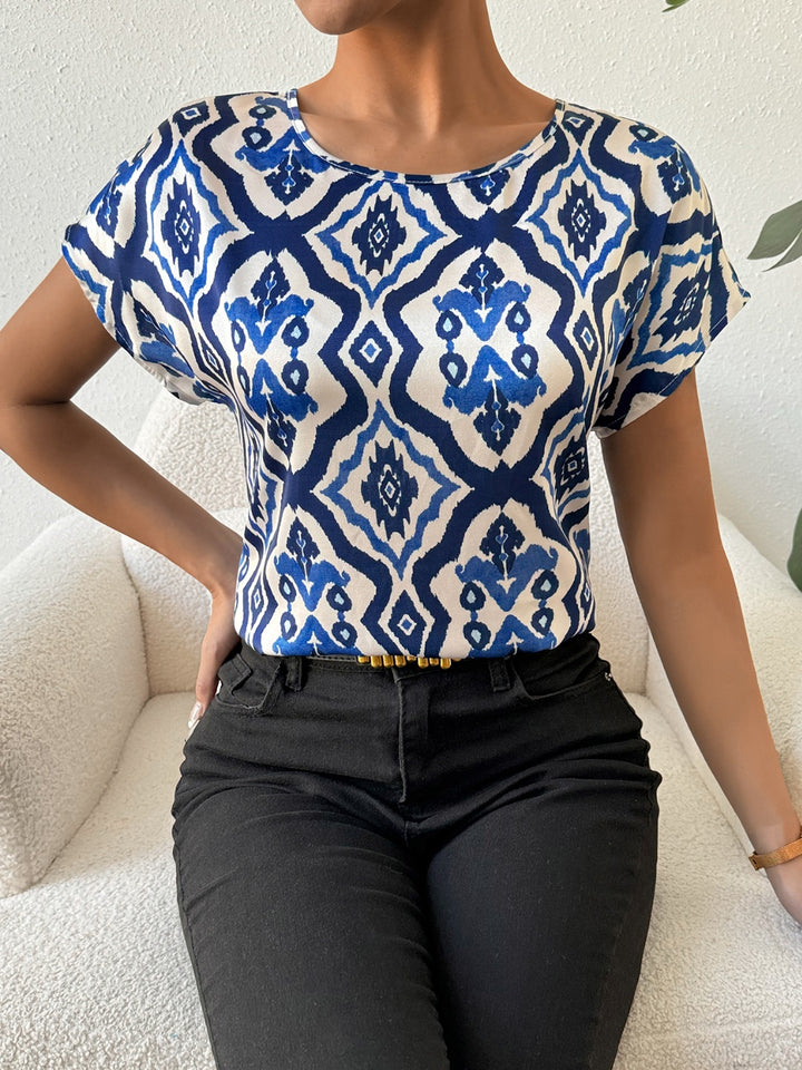 Printed Round Neck Short Sleeve Blouse