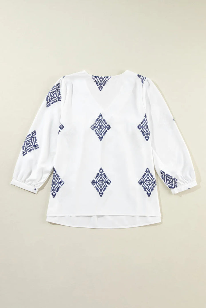 Printed V-Neck Three-Quarter Sleeve Blouse