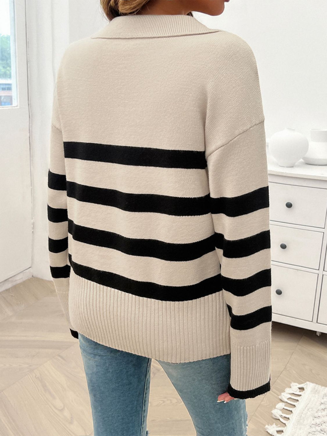 Striped Collared Neck Long Sleeve Sweater