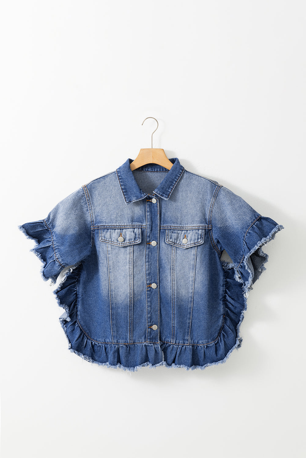 Ruffled Raw Hem Half Sleeve Denim Top