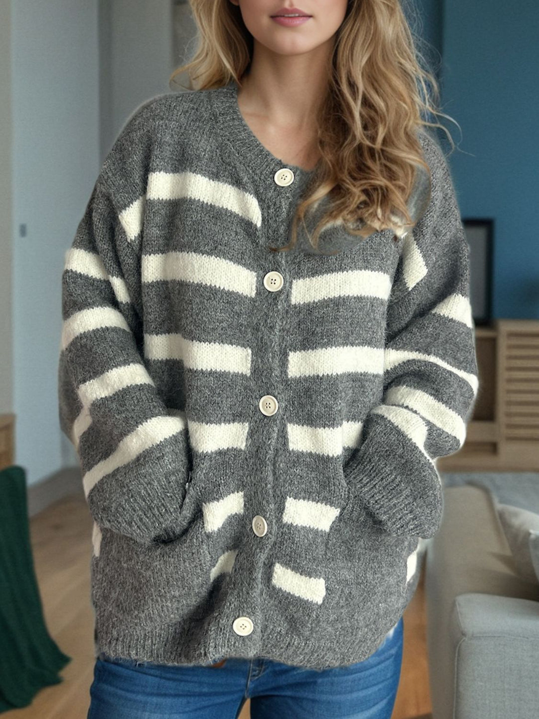 Striped Button Down Long Sleeve Cardigan