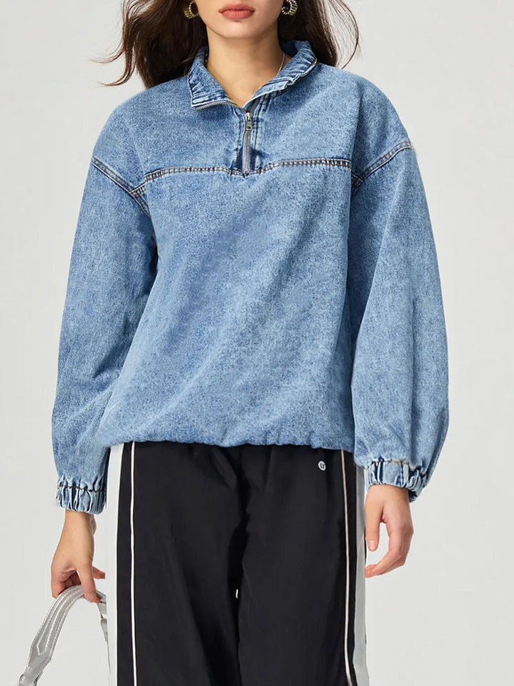 Quarter Zip Collared Neck Denim Top