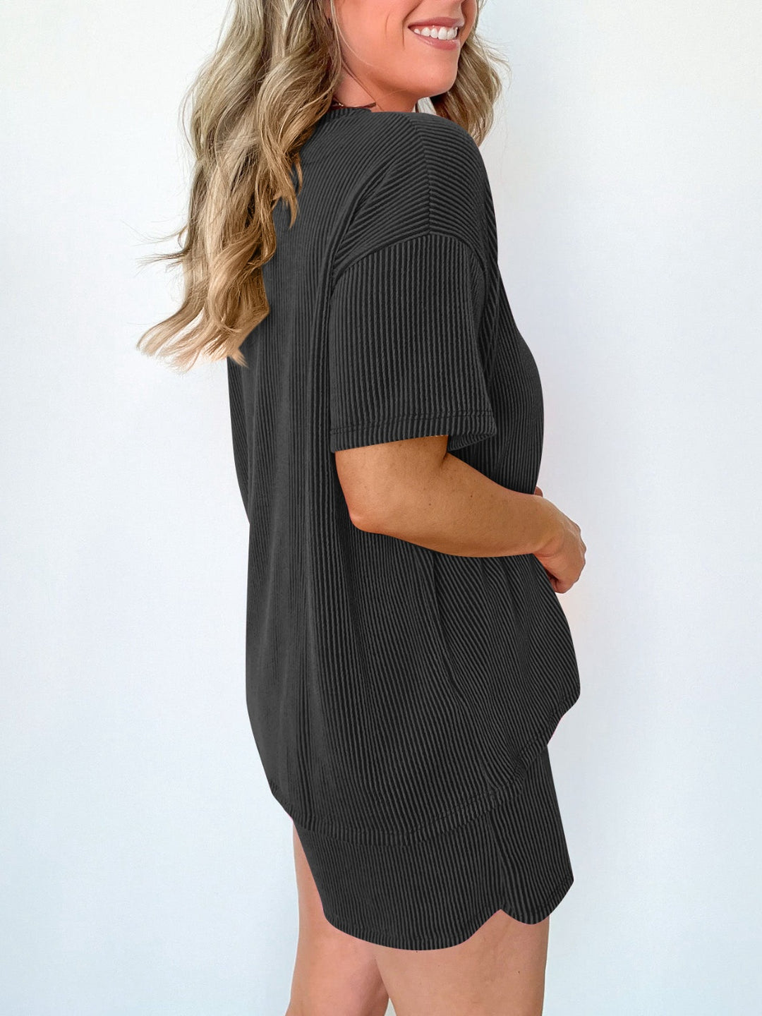 Textured Round Neck Short Sleeve Top and Shorts Set