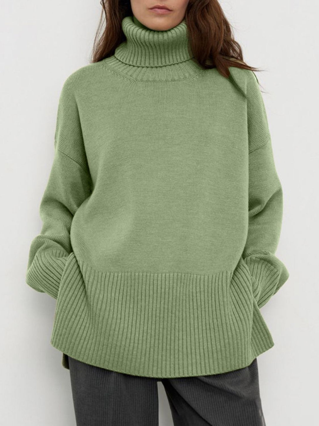 Side Slit Turtleneck Drop Shoulder Sweater