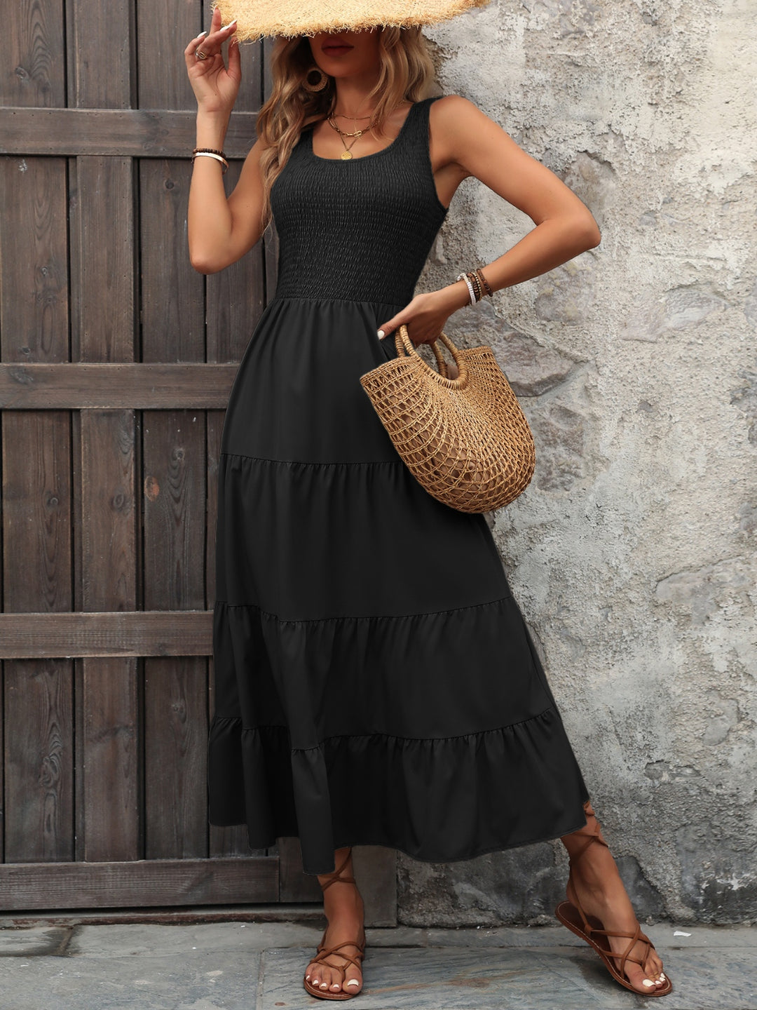 Smocked Scoop Neck Sleeveless Tank Dress