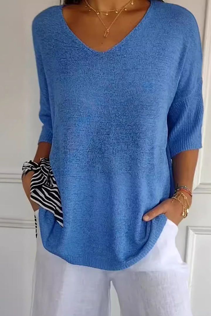 V-Neck Three-Quarter Sleeve Knit Top