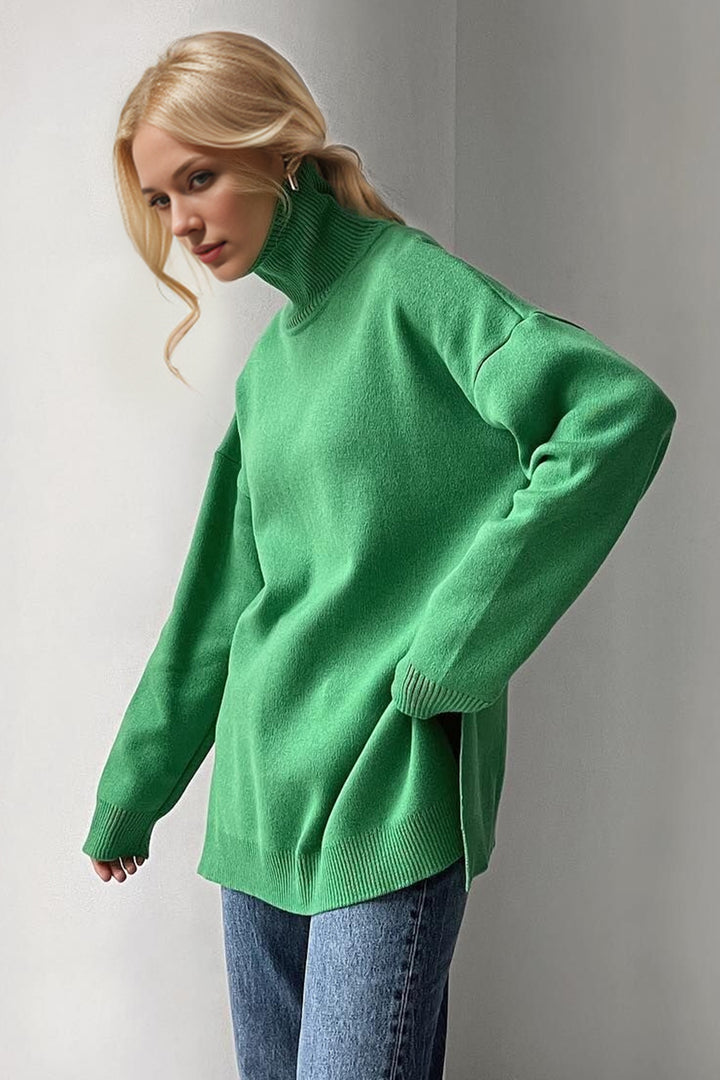 Basic Bae Side Slit Turtleneck Dropped Shoulder Sweater