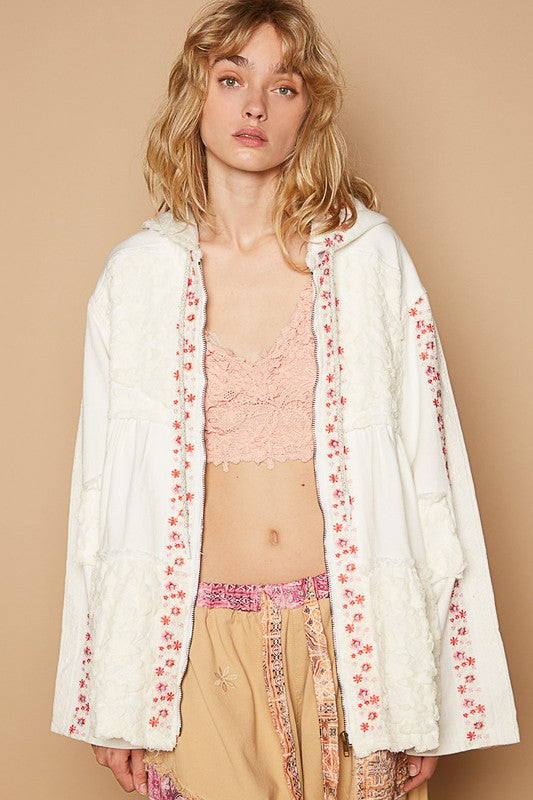 POL Embroidered Lace Patch Zip Up Hooded Jacket